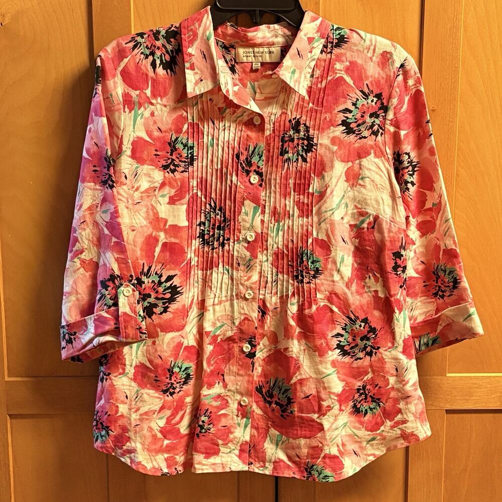 Jones New York Shirt Petites Medium Pink Multi Color Button-Up 3/4 Sleeves